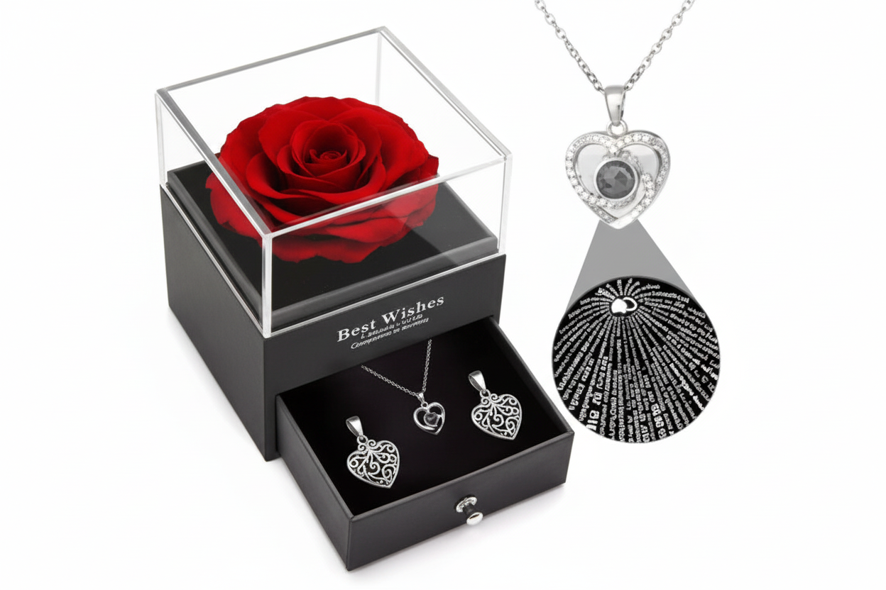 Collar con Colgante de Amor + Caja de Regalo con Rosas Artificiales